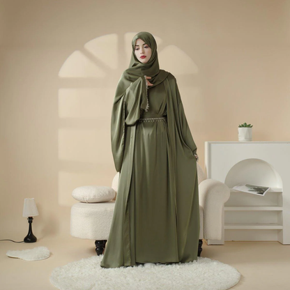 Ensemble Abaya en satin avec pompons et diamants - Mariam's collection