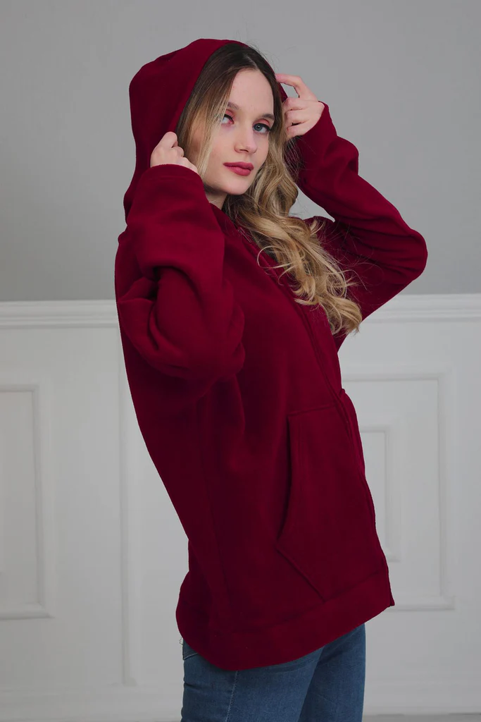 Sweat à capuche Maroon en laine polaire avec poches spacieuses sur le devant - AISHA'S DESIGN