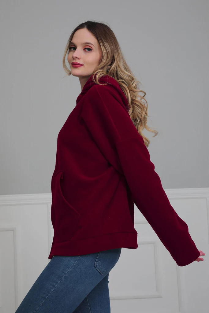 Sweat à capuche Maroon en laine polaire avec poches spacieuses sur le devant - AISHA'S DESIGN