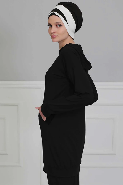 Top noir à capuche et turban pour femmes Sweatshirt à manches longues avec poches avant- AISHA'S DESIGN